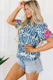 Embroidered Printed Mock Neck Short Sleeve Blouse - Trendsi - Flyclothing LLC