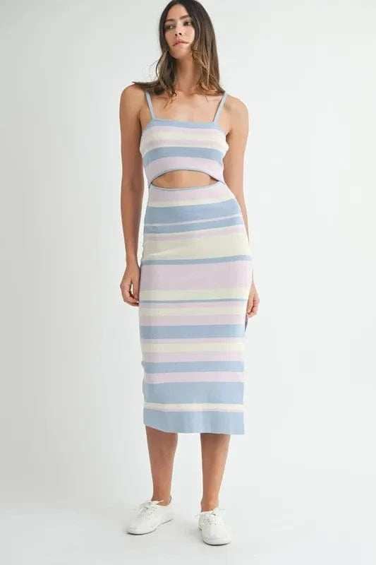 MABLE Multi Color Striped Front Cutout Knit Midi Dress - Trendsi - Flyclothing LLC