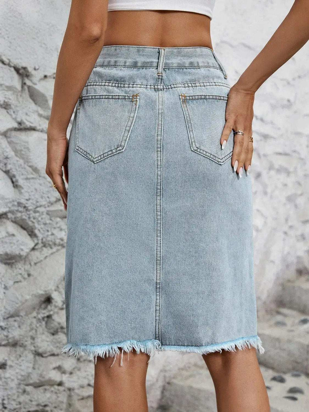 Raw Hem Slit Denim Skirt - Trendsi - Flyclothing LLC