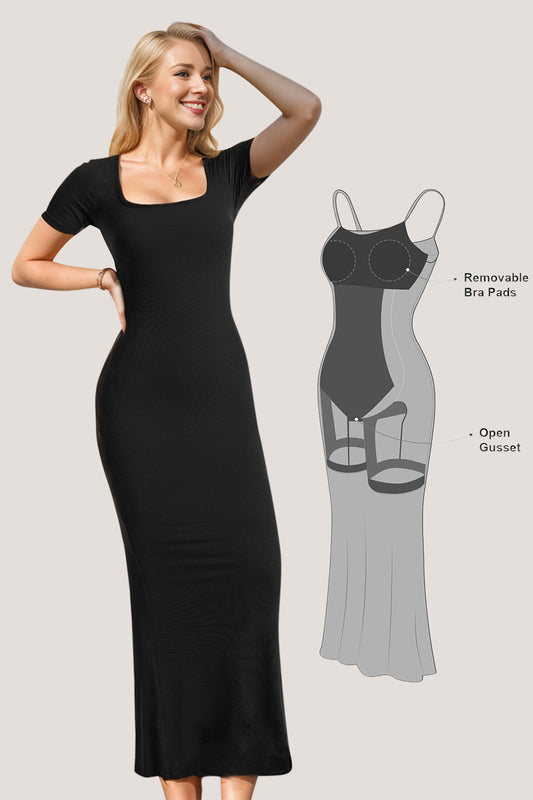 Basic Bae Built-In Shapewear Square Neck Short Sleeve Maxi Dress - ShopBasicbae - Flyclothing LLC