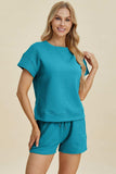 Double Take Full Size Texture Short Sleeve Top and Shorts Set - Trendsi - Flyclothing LLC