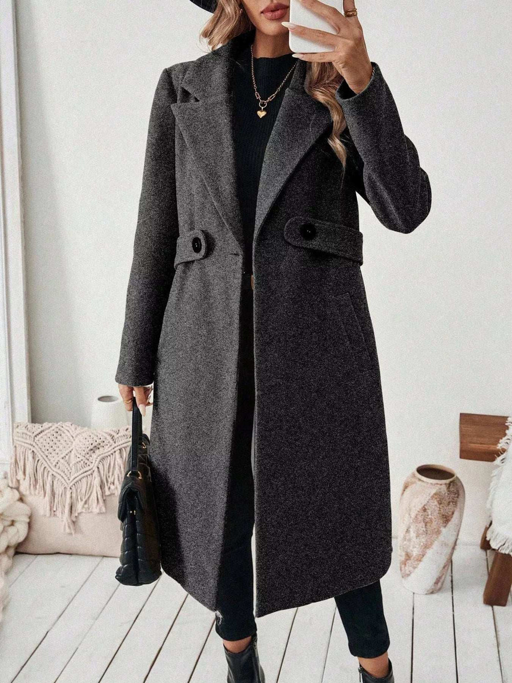 One Button Wool Blend Overcoat - Trendsi - Flyclothing LLC