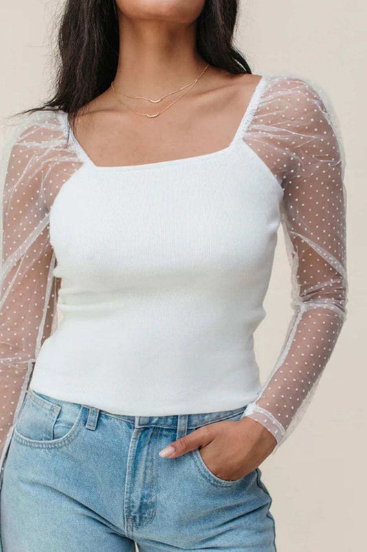 Swiss Dot Mesh Long Sleeve Square Neck Slim Top - Trendsi - Flyclothing LLC