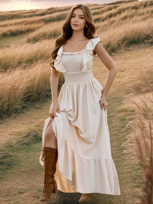 Ruffled Smocked Square Neck Maxi Dress - Trendsi - Flyclothing LLC