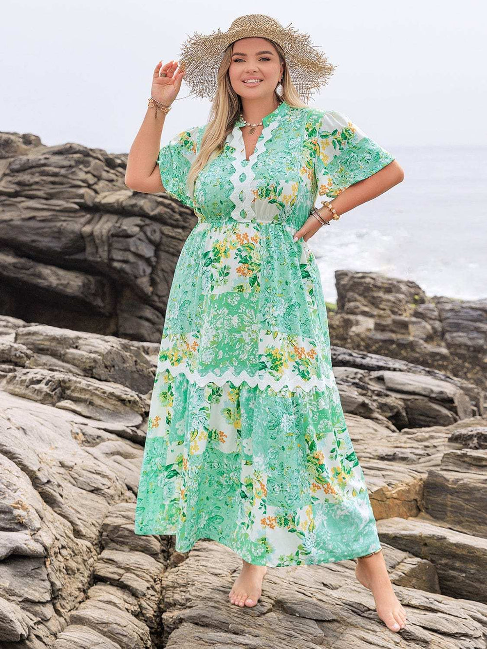 Plus Size Printed Notched Short Sleeve Maxi Dress - Trendsi - Flyclothing LLC