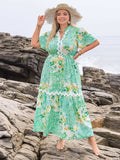Plus Size Printed Notched Short Sleeve Maxi Dress - Trendsi - Flyclothing LLC