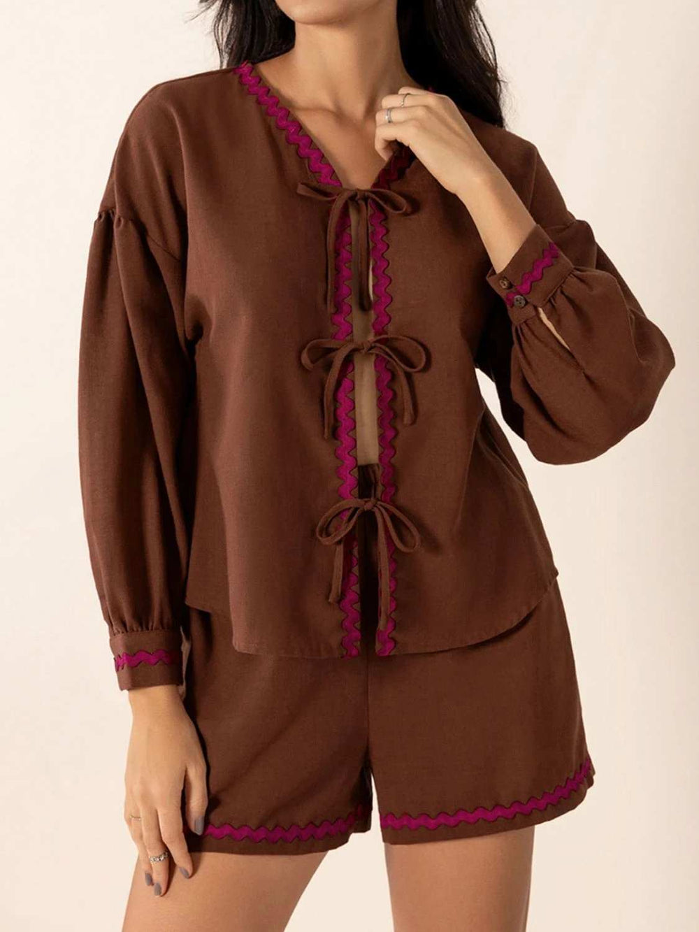 Tied V-Neck Long Sleeve Top and Shorts Set - Trendsi - Flyclothing LLC