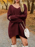 V-Neck Dropped Shoulder Sweater Dress - Trendsi - Flyclothing LLC