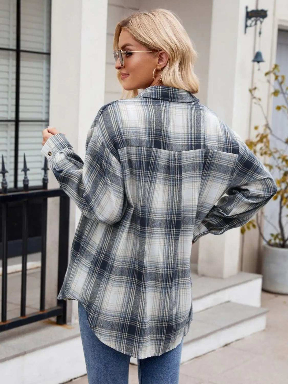 Plaid Collared Neck Long Sleeve Shirt - Trendsi - Flyclothing LLC
