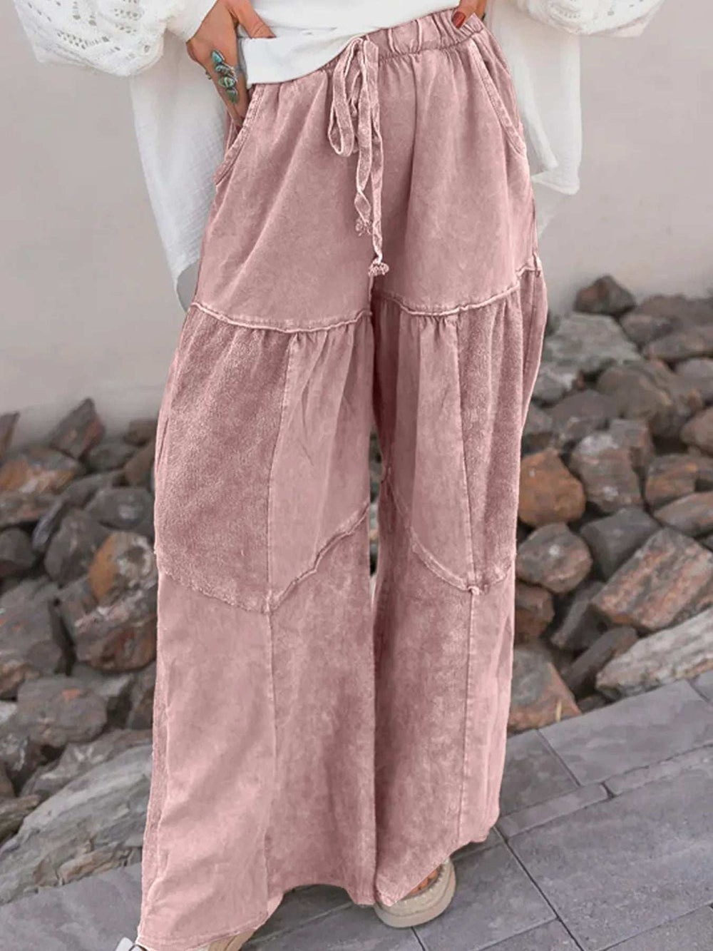 Mineral Wash Tiered Wide Leg Patchwork Drawstring Pants - Trendsi - Flyclothing LLC