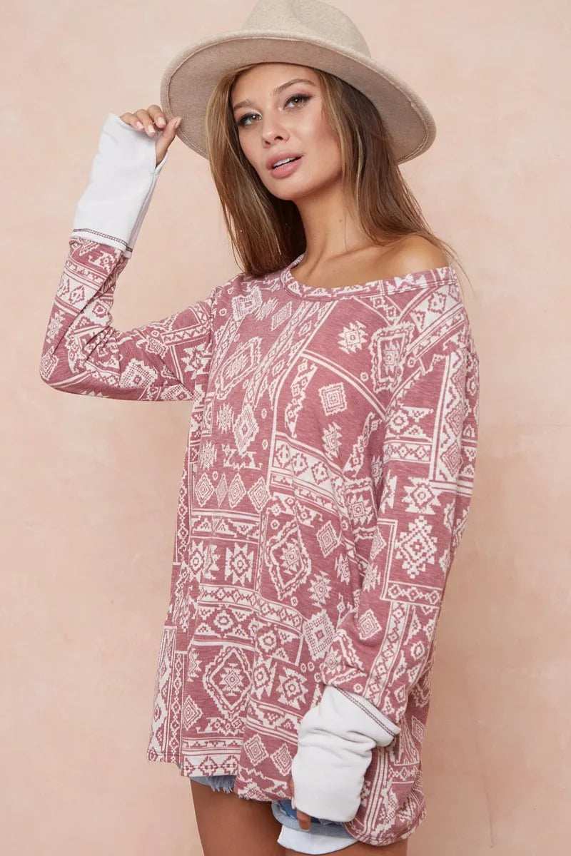 BiBi Aztec Print French Terry Top with Thumb Opening - Trendsi - Flyclothing LLC