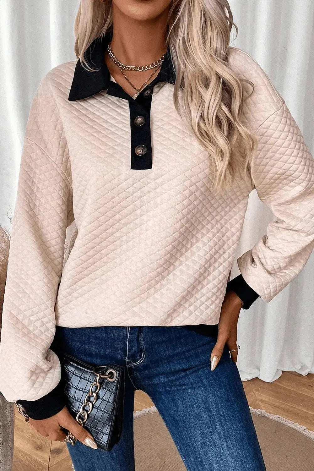Textured Collared Neck Long Sleeve Top - Trendsi - Flyclothing LLC