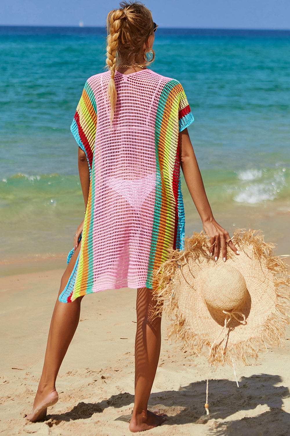 Double Take Openwork Striped Slit Knit Cover Up - Trendsi - Flyclothing LLC