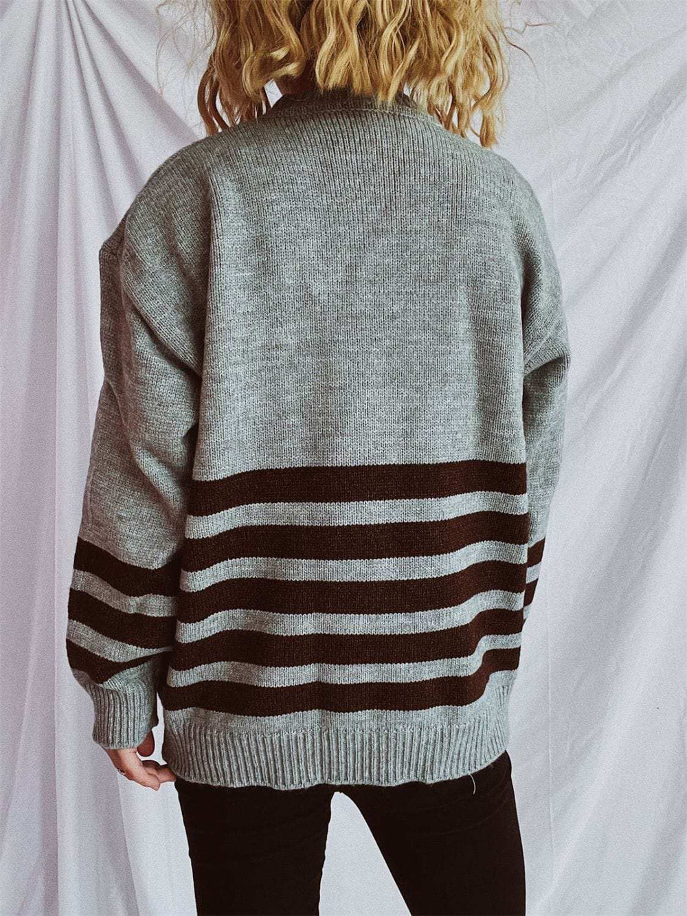 Striped Dropped Shoulder Long Sleeve Sweater - Trendsi - Flyclothing LLC