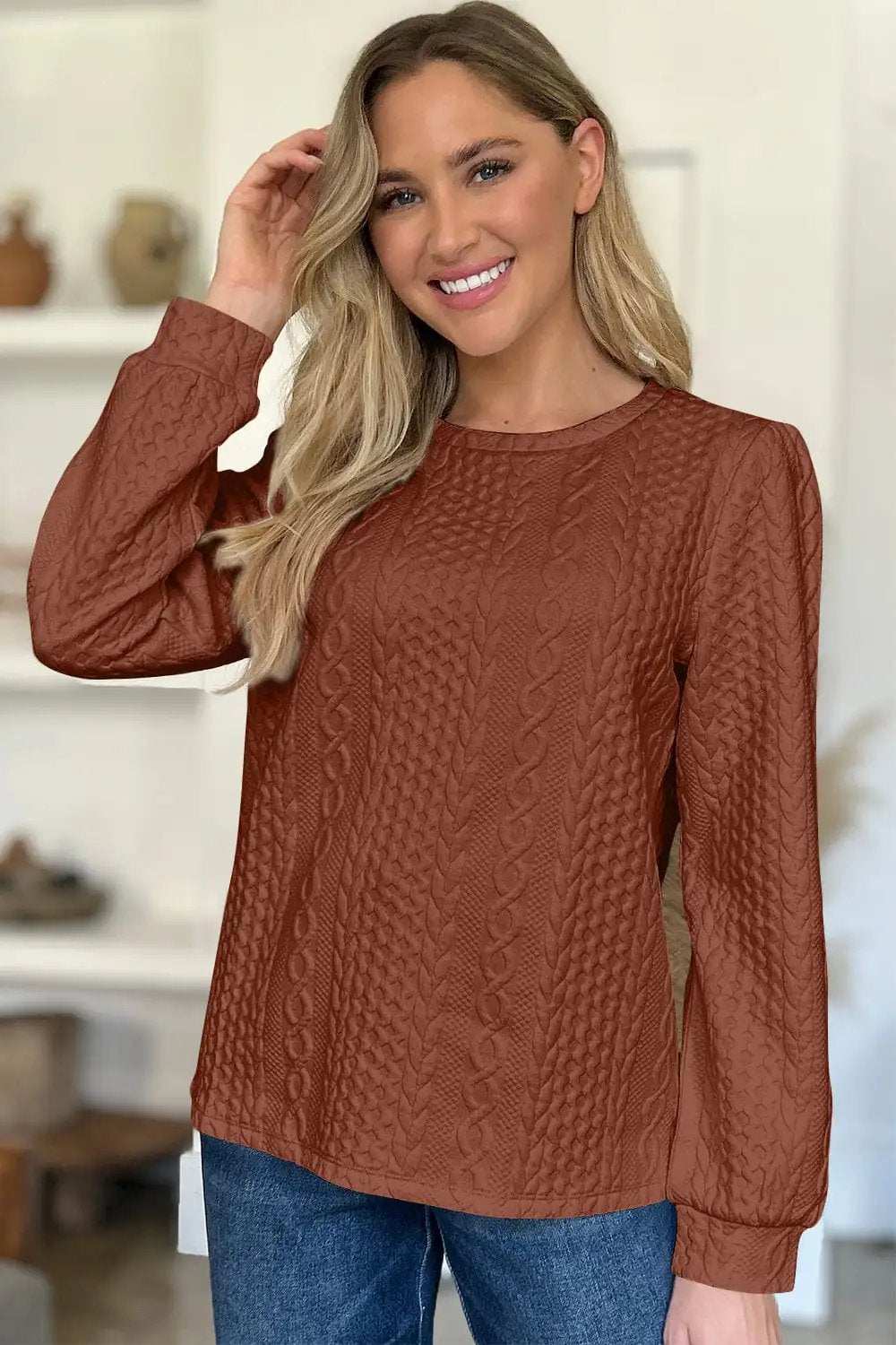 Textured Round Neck Long Sleeve Sweatshirt - Trendsi - Flyclothing LLC
