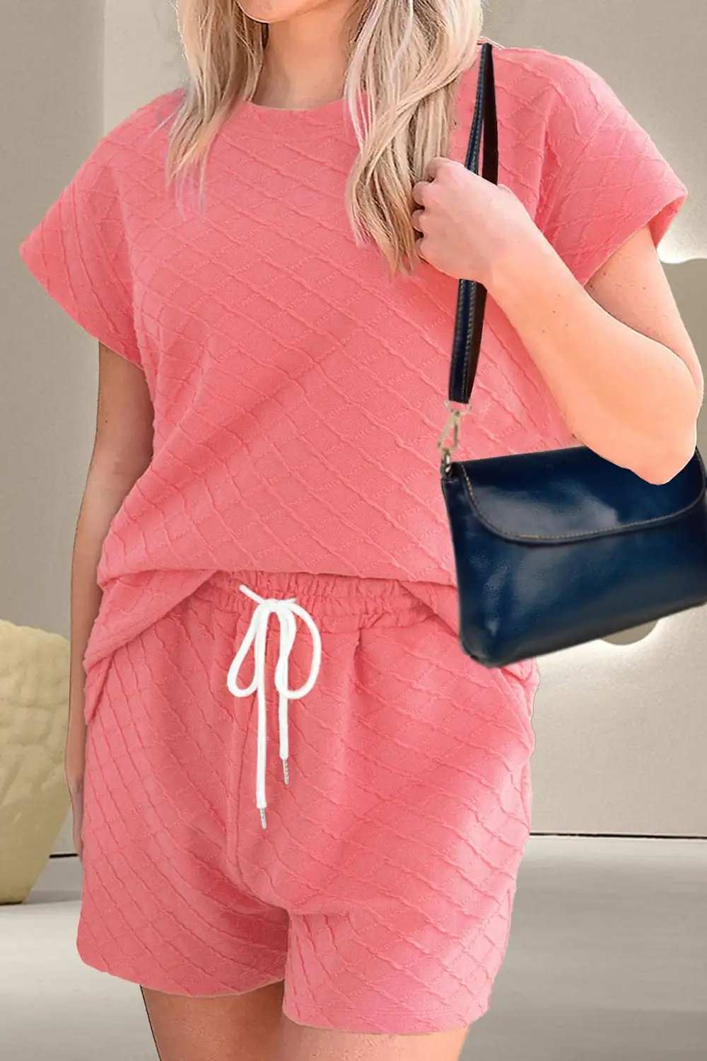 Round Neck Short Sleeve Top and Drawstring Shorts Set - Trendsi - Flyclothing LLC