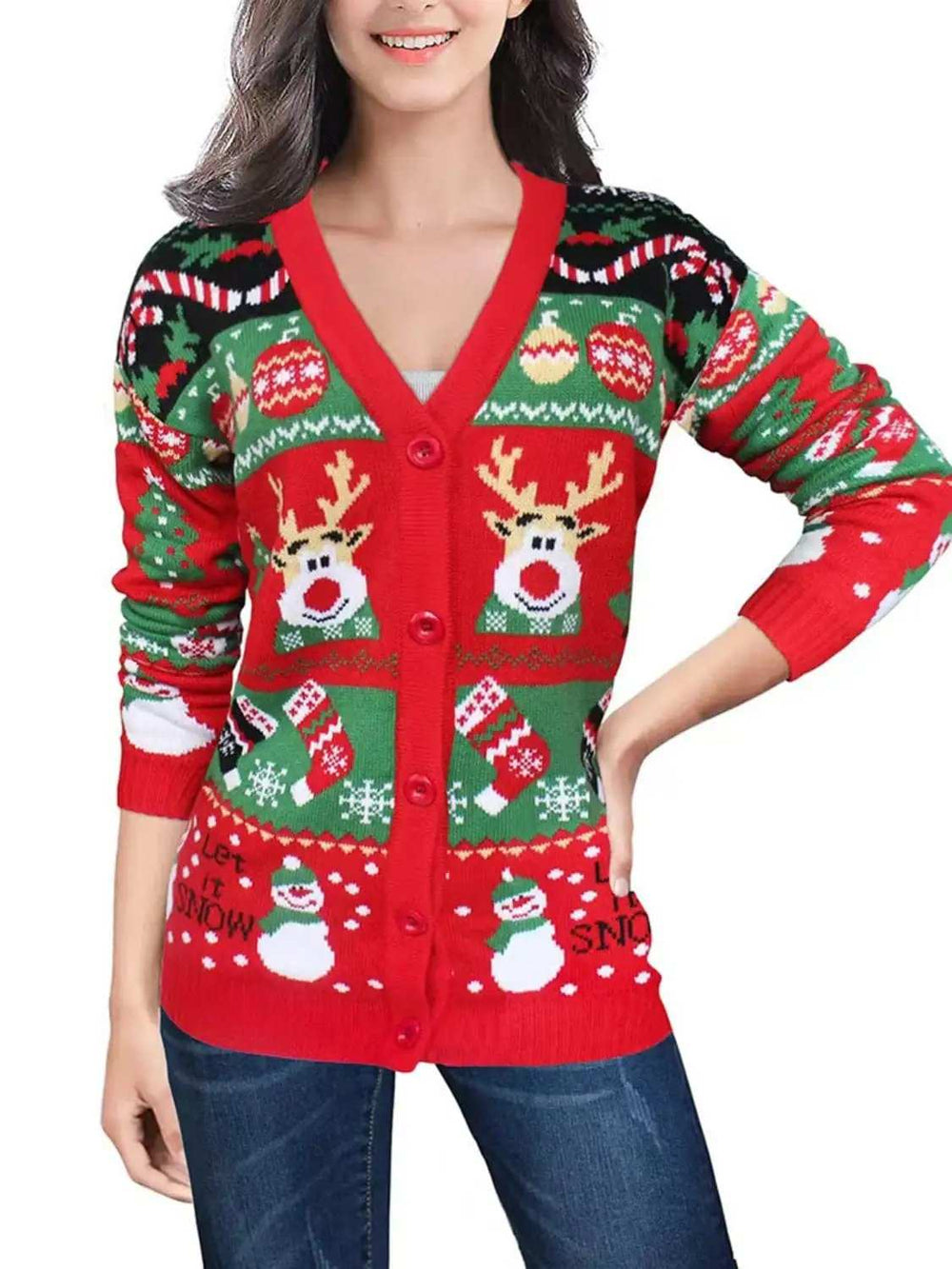 Reindeer Button Up Long Sleeve Cardigan - Trendsi - Flyclothing LLC