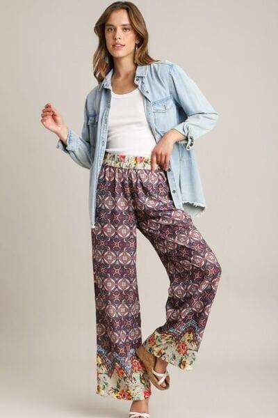 Umgee Full Size Mixed Print Elastic Waistband Pants Plus Size - Trendsi - Flyclothing LLC