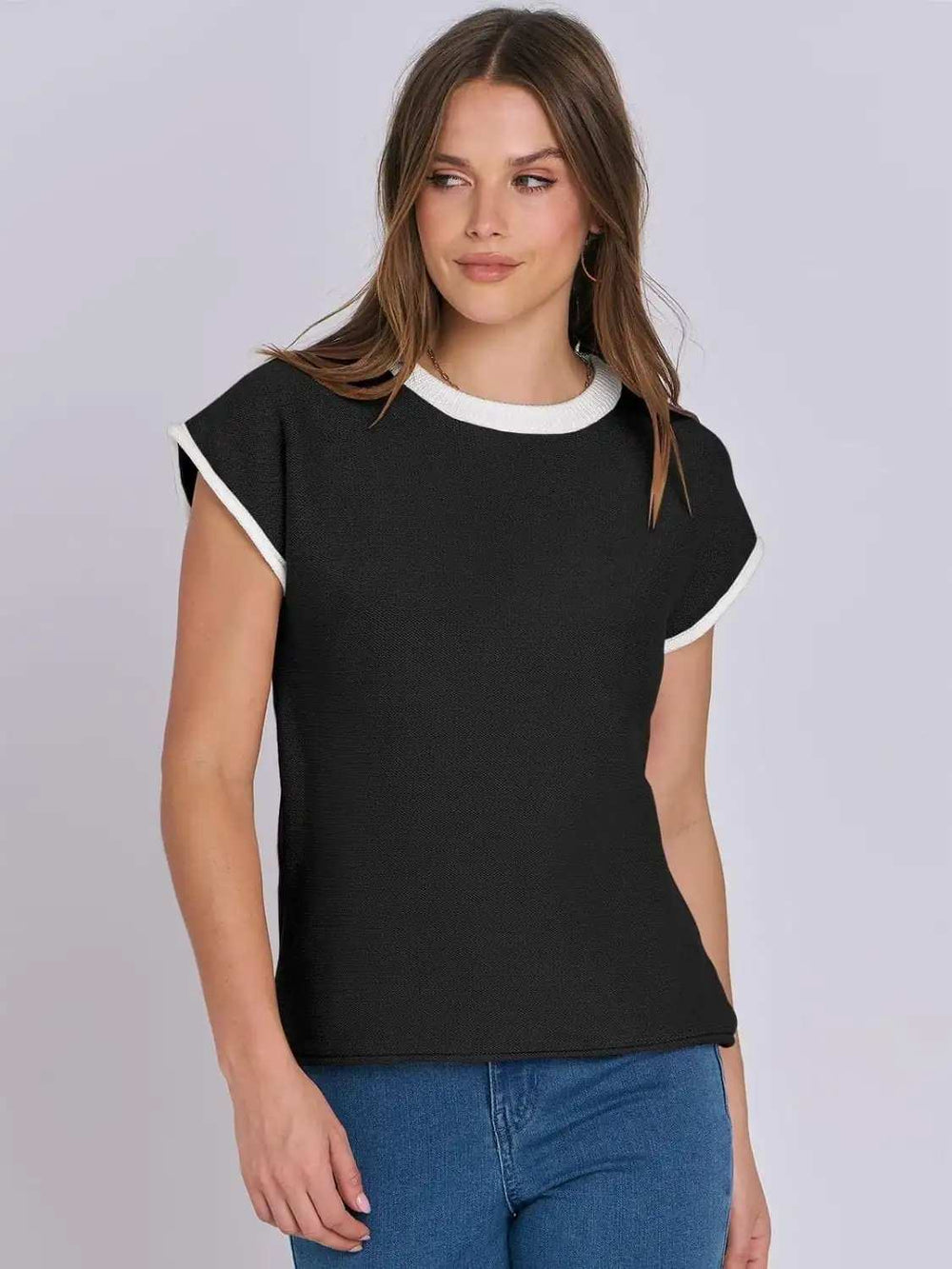 Mandy Contrast Round Neck Cap Sleeve Sweater - Trendsi - Flyclothing LLC
