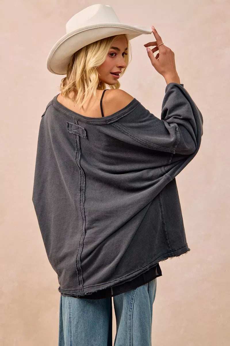 BiBi Mineral Washed French Terry Oversized Sweatshirt - Trendsi - Flyclothing LLC