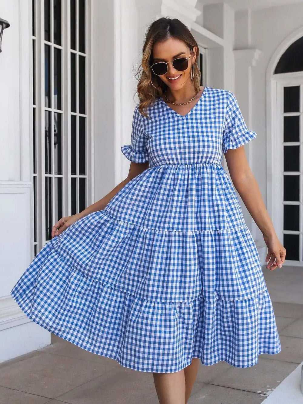 Plaid V-Neck Short Sleeve Midi Dress - Trendsi - Flyclothing LLC