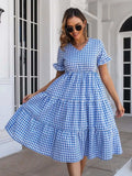 Plaid V-Neck Short Sleeve Midi Dress - Trendsi - Flyclothing LLC
