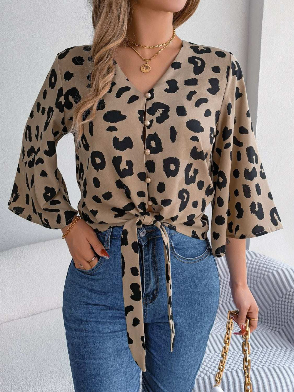 Tied Button Up Leopard V-Neck Blouse - Trendsi - Flyclothing LLC