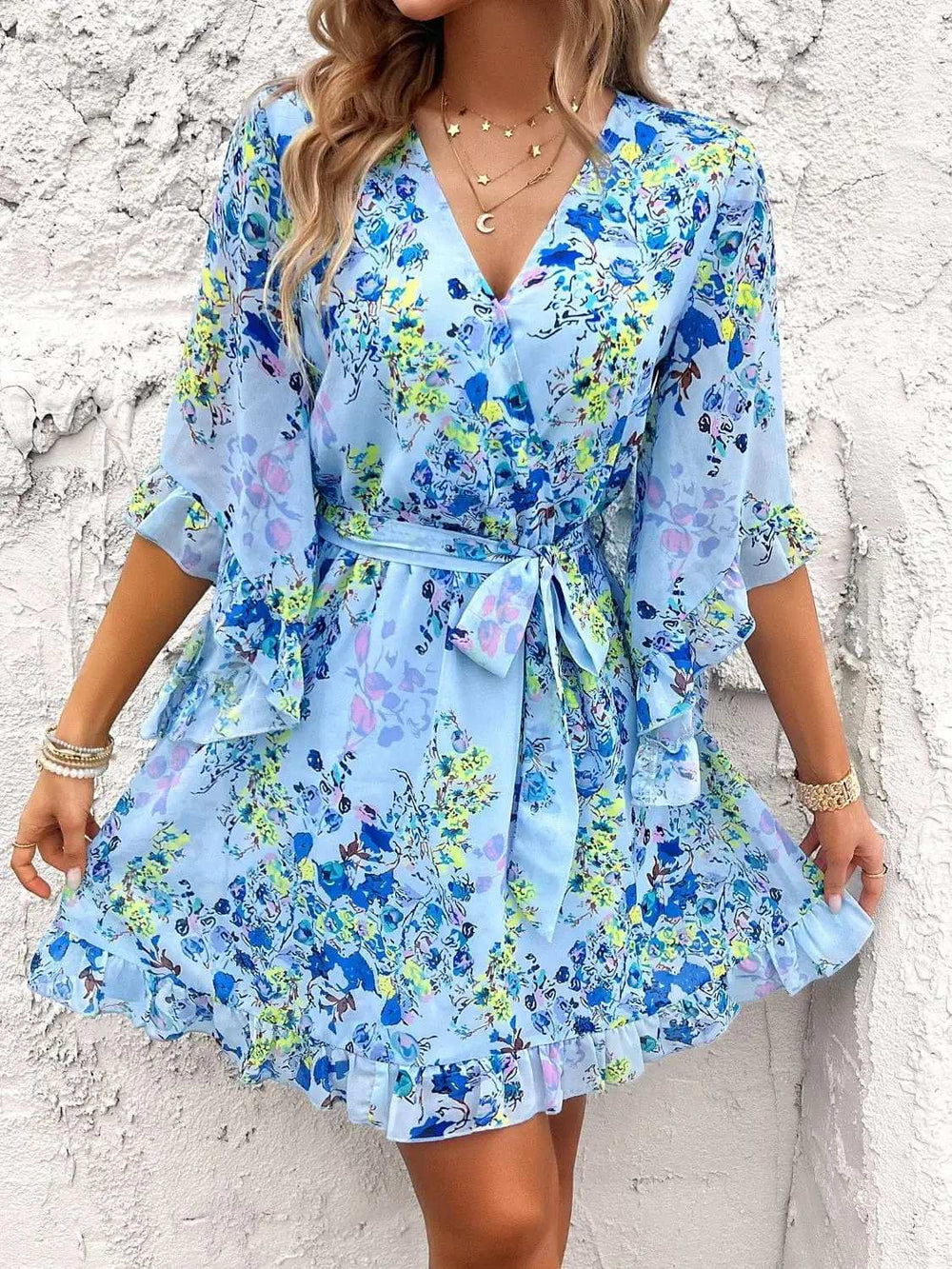 Ruffled Printed Surplice Half Sleeve Mini Dress - Trendsi - Flyclothing LLC