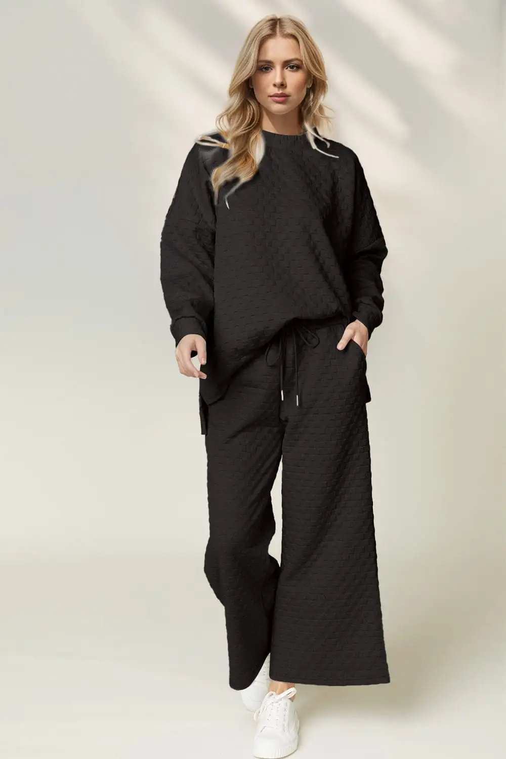 Double Take Checkered Slit High-Low Round Neck Top and Wide Leg Pants Set - Trendsi - Flyclothing LLC