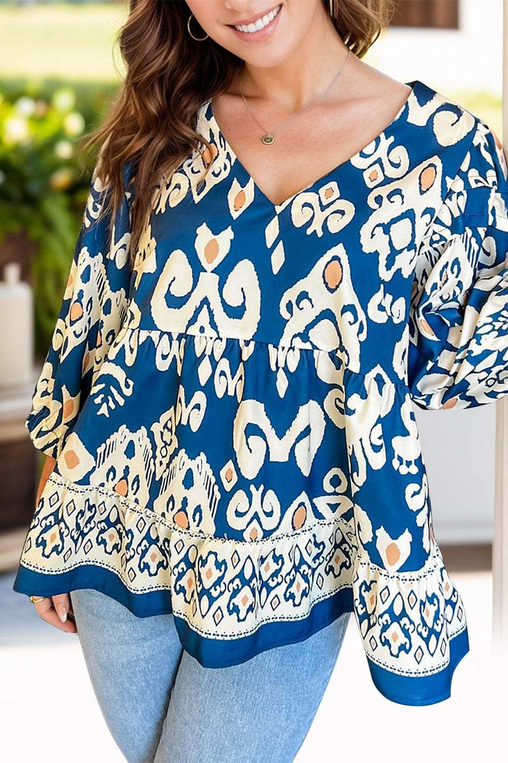 Printed V-Neck Three-Quarter Sleeve Blouse - Trendsi - Flyclothing LLC
