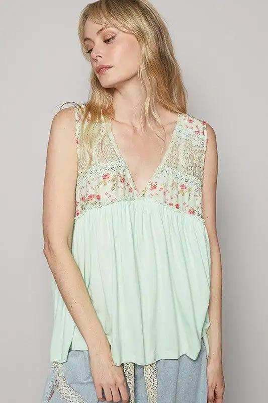 POL Lace Detail Frill Floral V-Neck Sleeveless Top - Trendsi - Flyclothing LLC