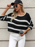 Striped Round Neck Long Sleeve Sweater - Trendsi - Flyclothing LLC