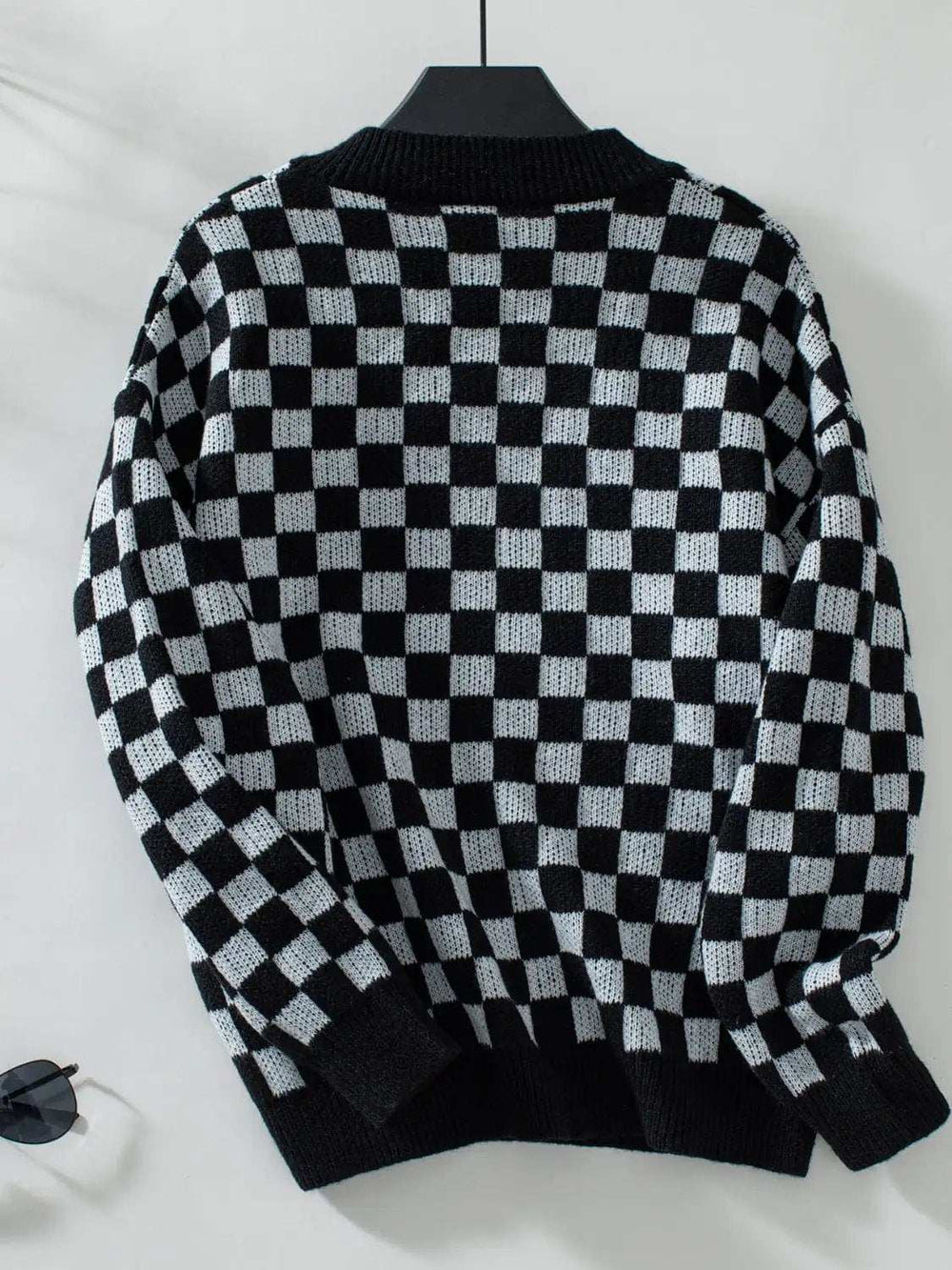 Checkered V-Neck Dropped Shoulder Sweater - Trendsi - Flyclothing LLC
