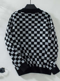 Checkered V-Neck Dropped Shoulder Sweater - Trendsi - Flyclothing LLC