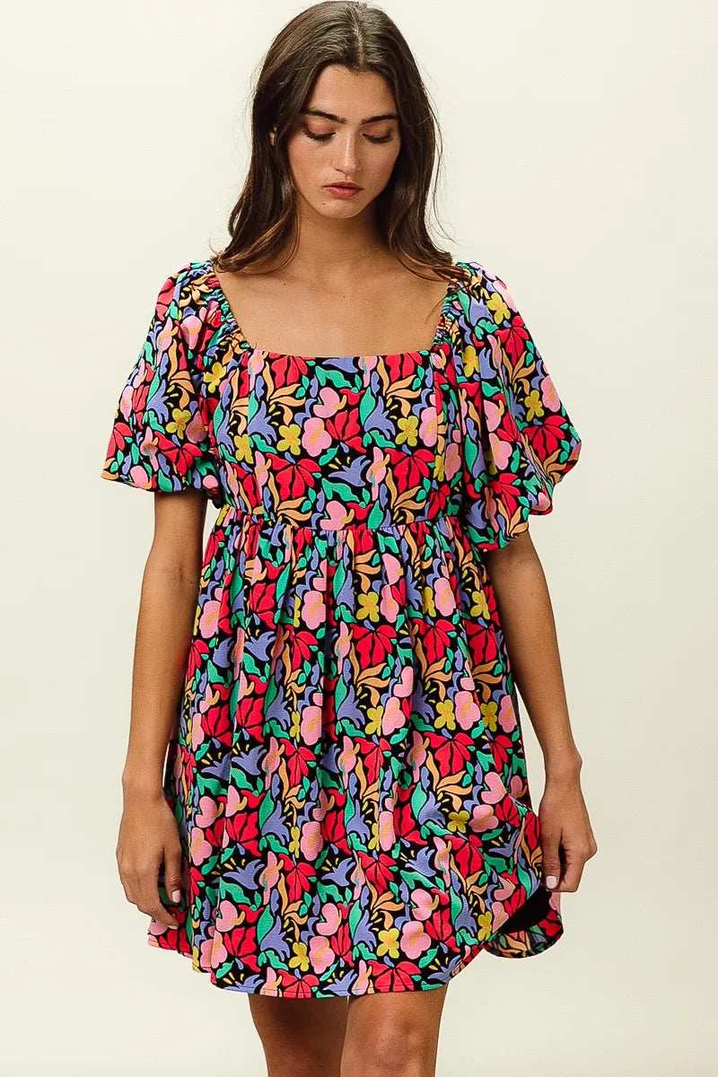 BiBi Floral Print Puff Square Neck Dress - Trendsi - Flyclothing LLC