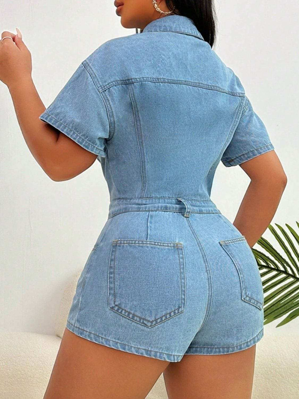 Collared Neck Short Sleeve Denim Romper - Trendsi - Flyclothing LLC