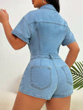 Collared Neck Short Sleeve Denim Romper - Trendsi - Flyclothing LLC