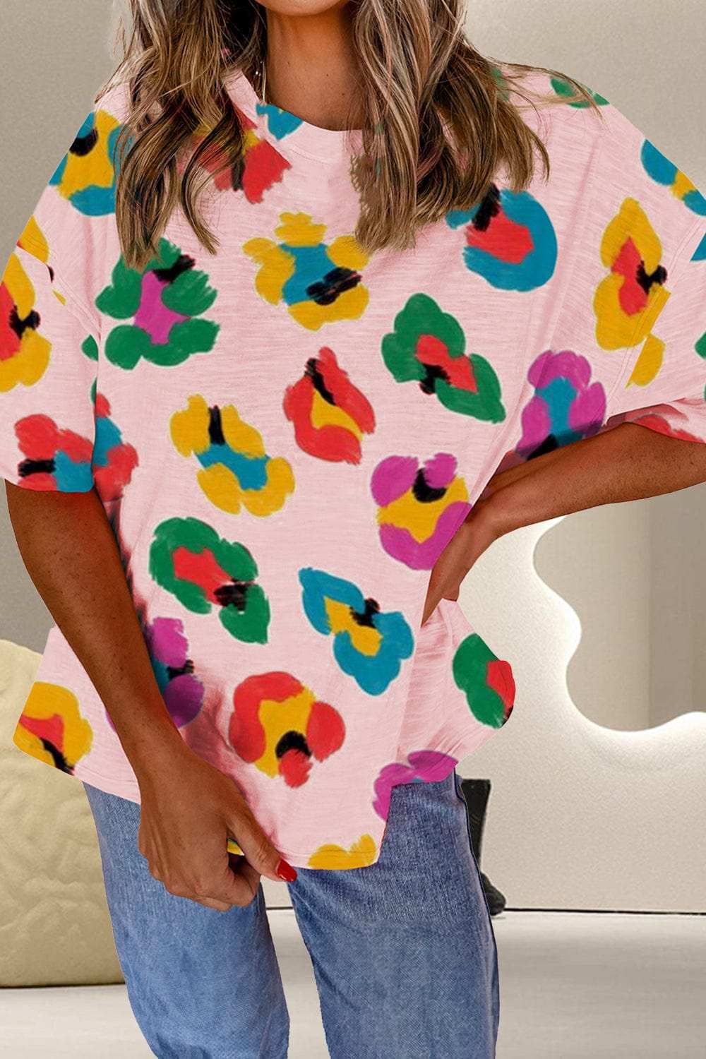 Printed Round Neck Half Sleeve Top - Trendsi - Flyclothing LLC