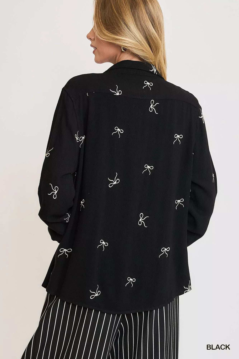 Umgee Linen Blend Fitted Shirt with Ribbon Embroidery Details - Trendsi - Flyclothing LLC