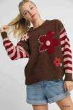 Umgee Flower Jacquard Striped Long Sleeve Sweater - Trendsi - Flyclothing LLC
