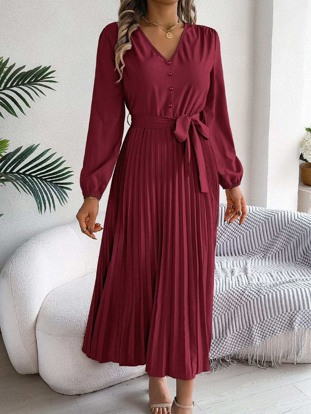 Pleated Tied V-Neck Long Sleeve Dress - Trendsi - Flyclothing LLC