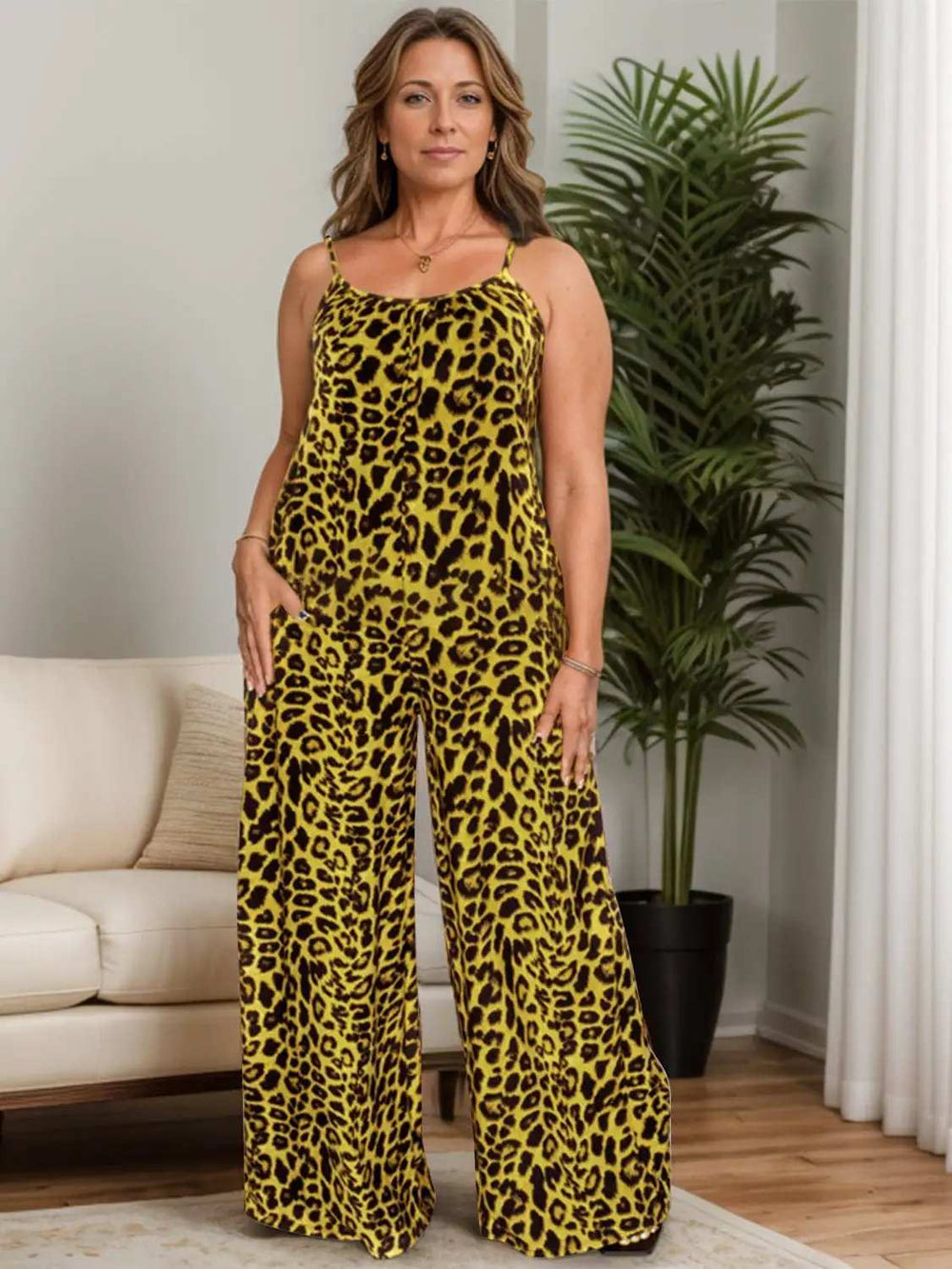 Full Size Leopard Scoop Neck Wide Leg Jumpsuit - Trendsi - Flyclothing LLC