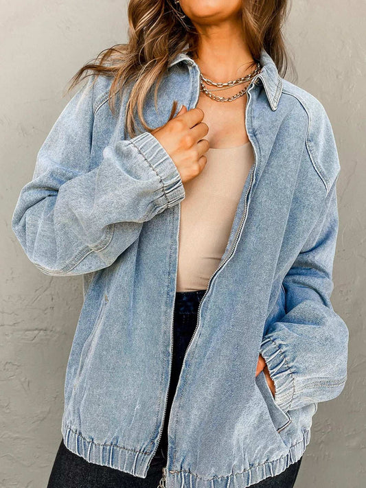 Elastic Edge Collared Zip Up Denim Jacket With Pocket - Trendsi - Flyclothing LLC