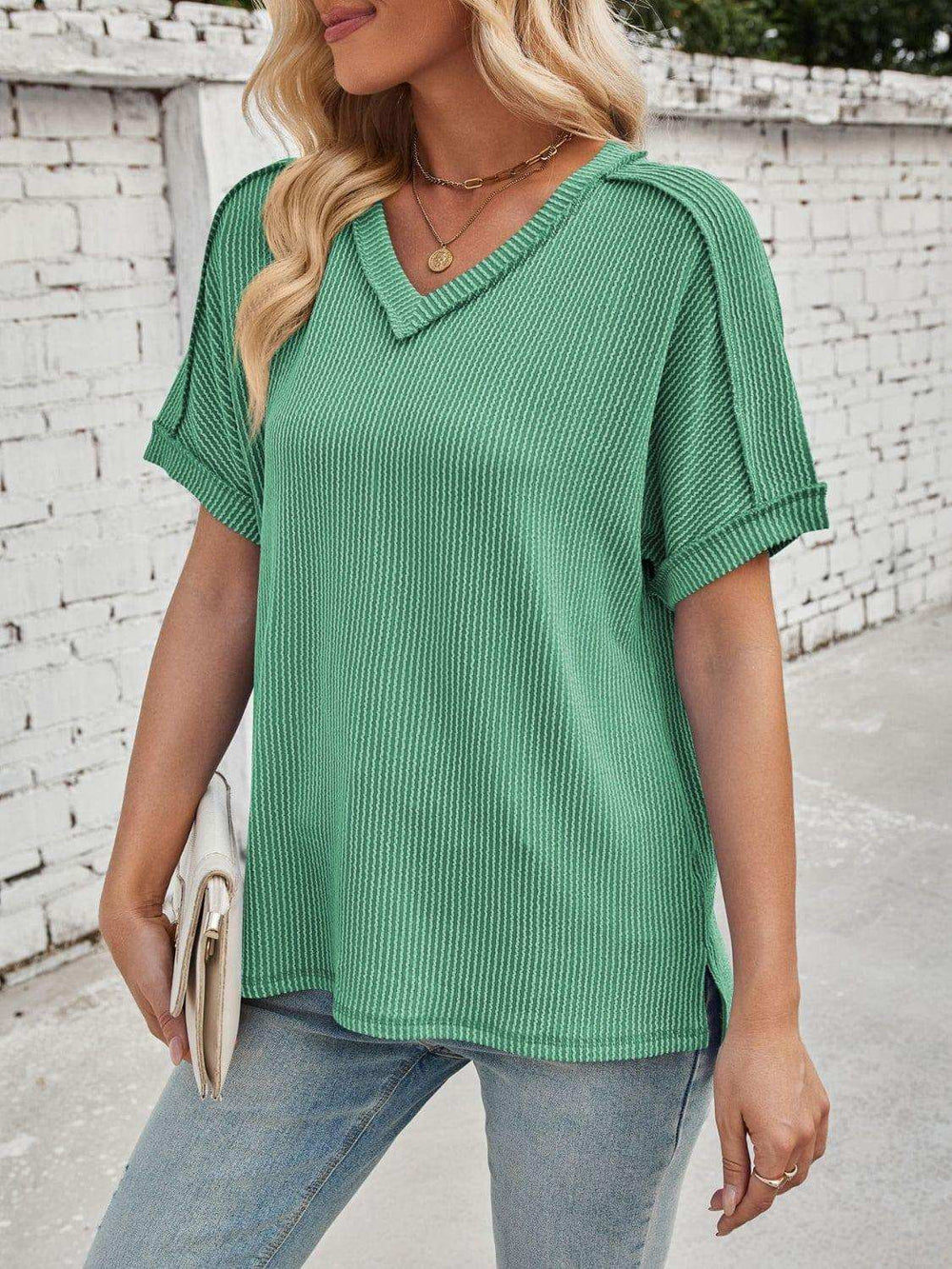 Cord Ribbed V-Neck Short Sleeve T-Shirt - Trendsi - Flyclothing LLC