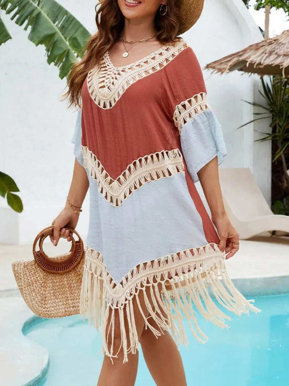 Backless Tassel Hem V-Neck Cover-Up - Trendsi - Flyclothing LLC