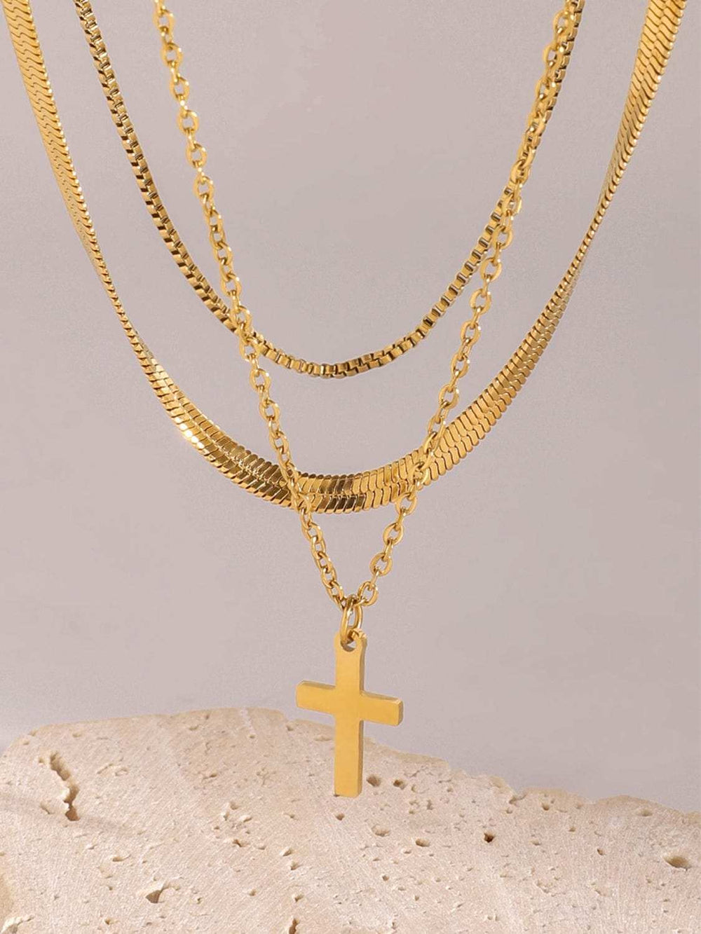 18K Gold-Plated Three-Layered Cross Necklace - Trendsi - Flyclothing LLC