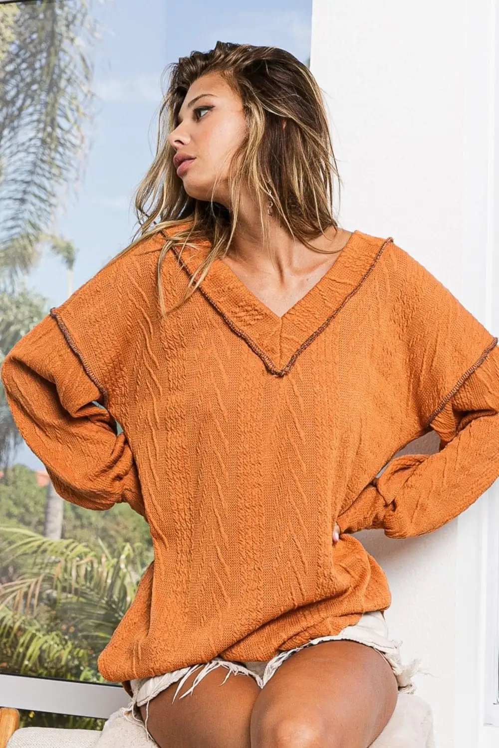 BiBi Textured Exposed Seam Drop Shoulder Knit Top - Trendsi - Flyclothing LLC