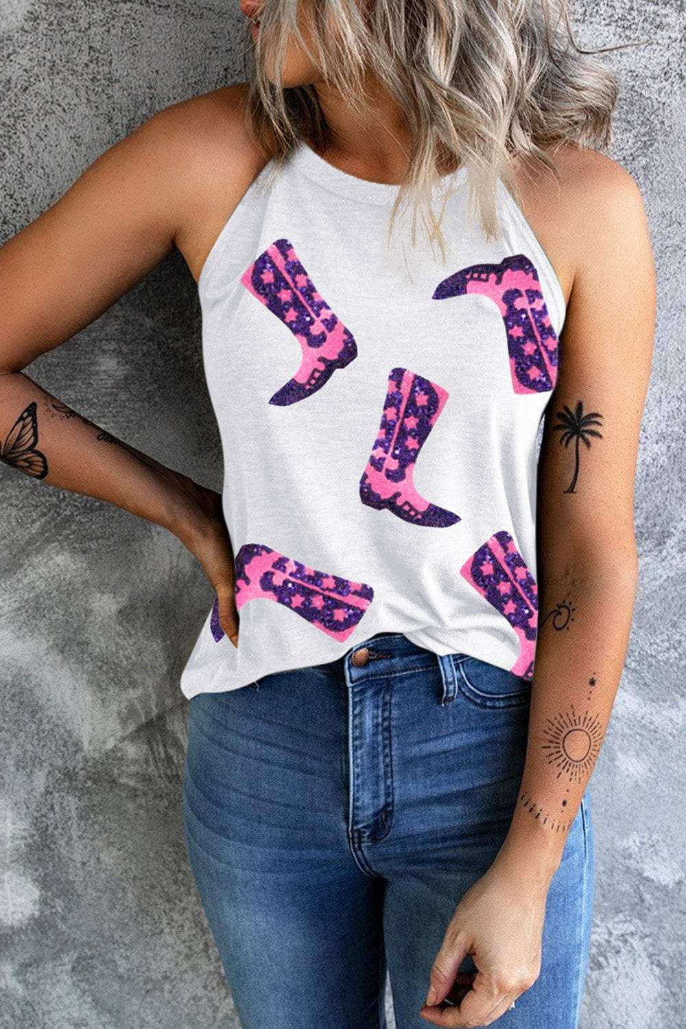 Sequin Boots Print Round Neck Tank - Trendsi - Flyclothing LLC