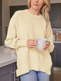 Slit Round Neck Dropped Shoulder Sweater - Trendsi - Flyclothing LLC