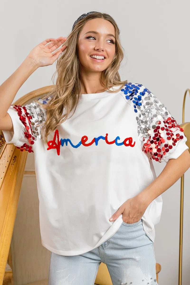 BiBi America Letter Applique Spangle Puff Sleeves Top - Trendsi - Flyclothing LLC
